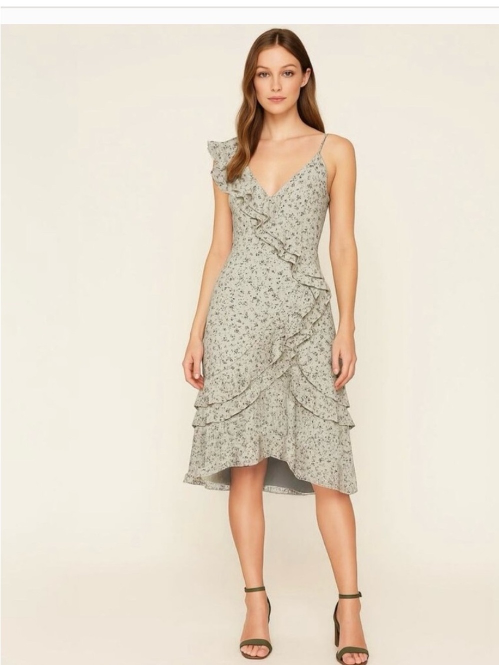 Wayf Sage Green Floral Ruffle High-Low Dress